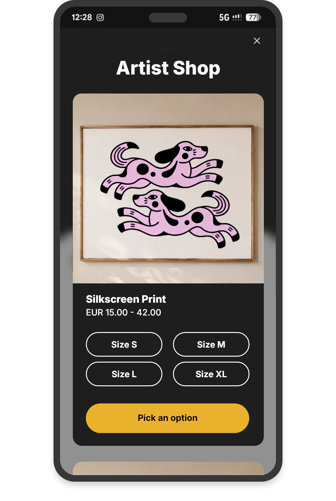 Artist shop screen in the Inklee app showing a silkscreen print with size options and prices