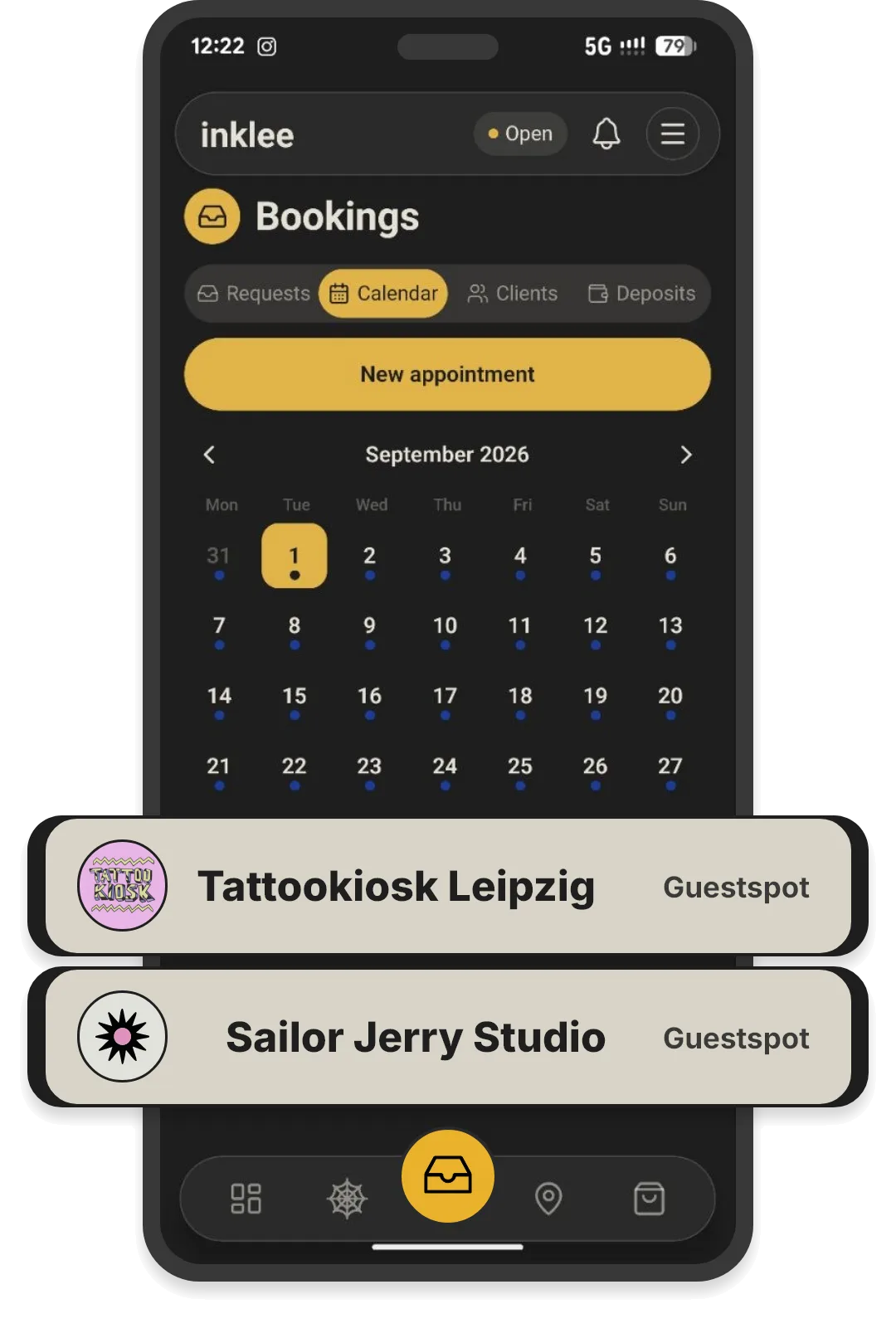 Bookings calendar in the Inklee app with appointments and guest spots at two studios