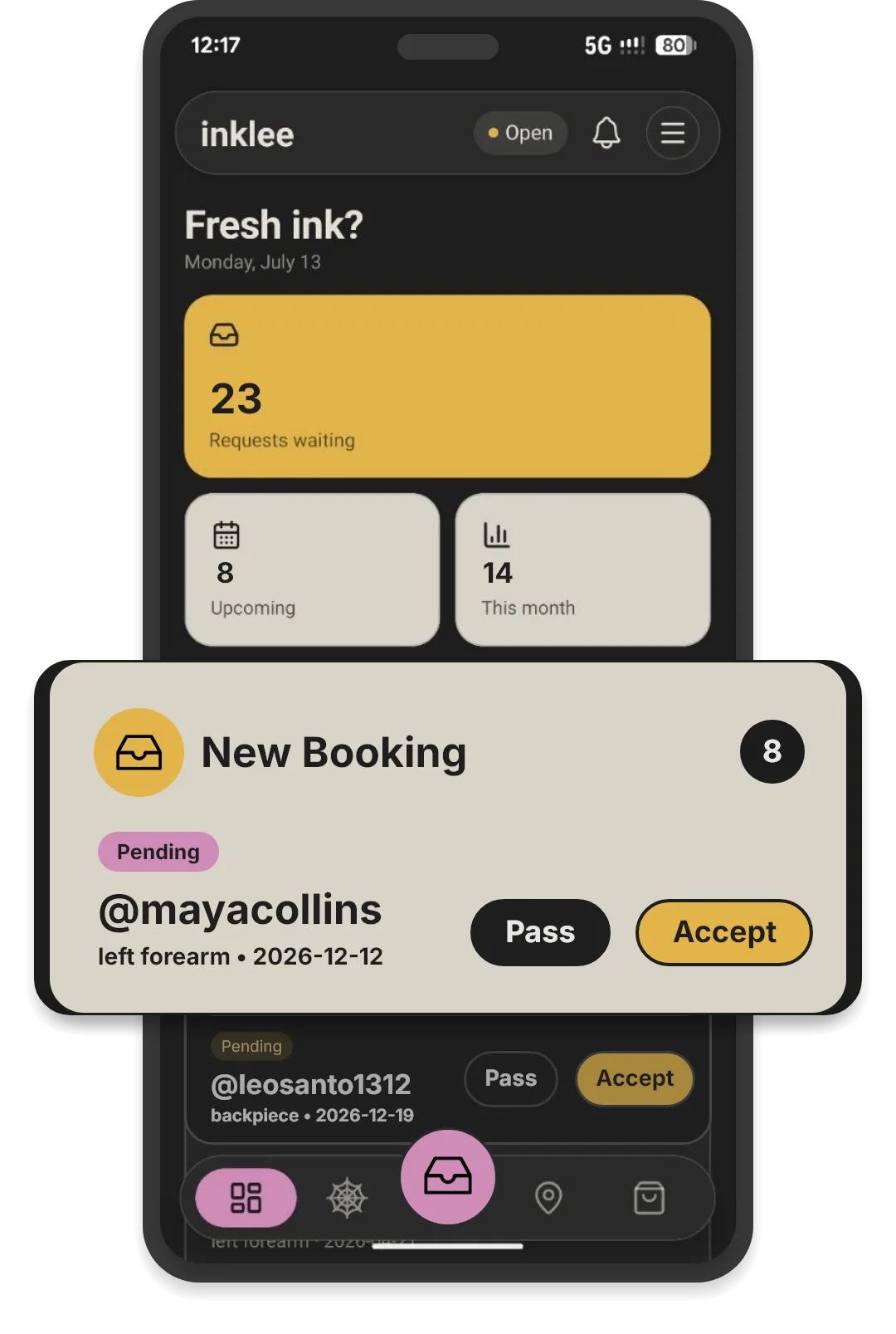 Inklee app dashboard with 23 booking requests waiting and a new request ready to accept or pass