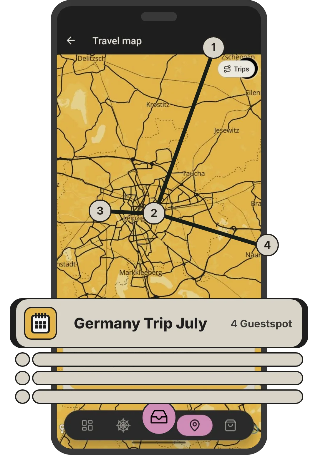 Travel map in the Inklee app showing a four-stop guest spot trip route through Germany
